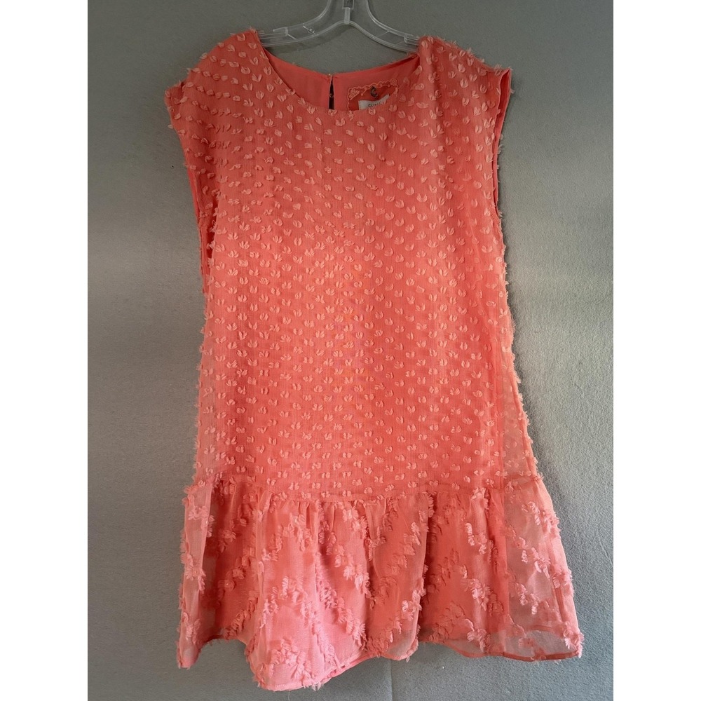 Cupio Dress Womens L Pink Clip Dot Chiffon Shift Ruffle Hem Short Sleeve Party